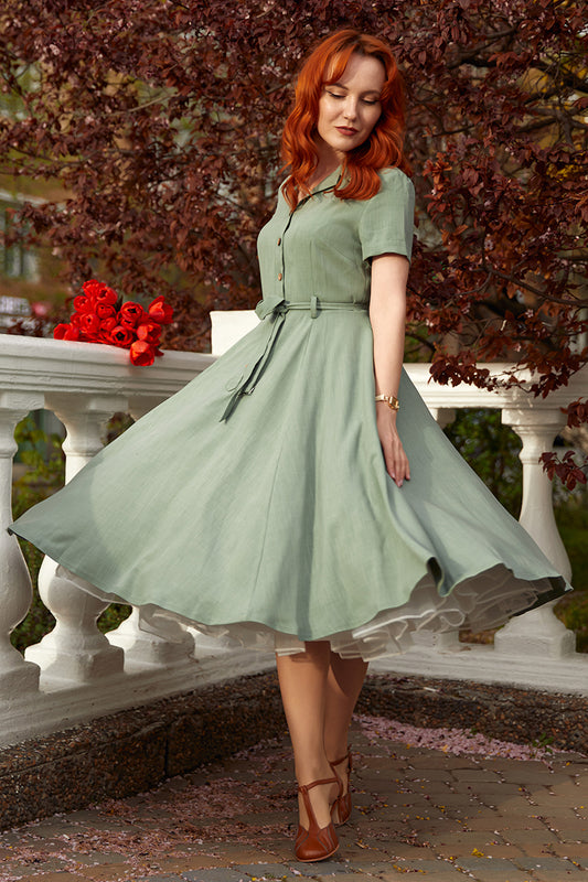 50s Midi Swing Linen Shirt Dress 3477