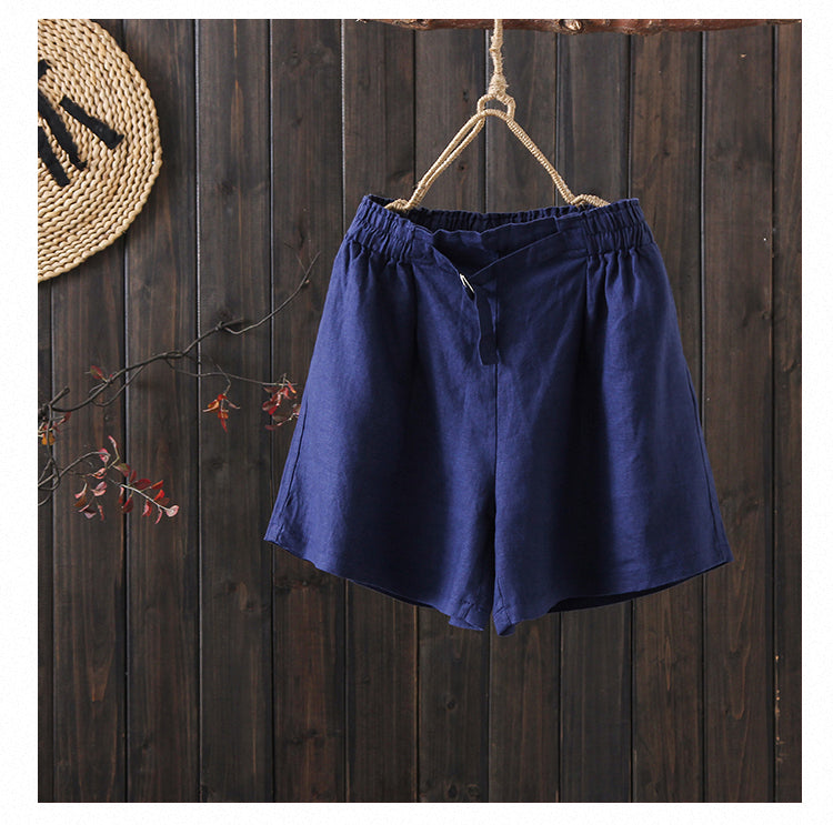 Causal Wide Elastic Waist Linen Women Shorts 281401