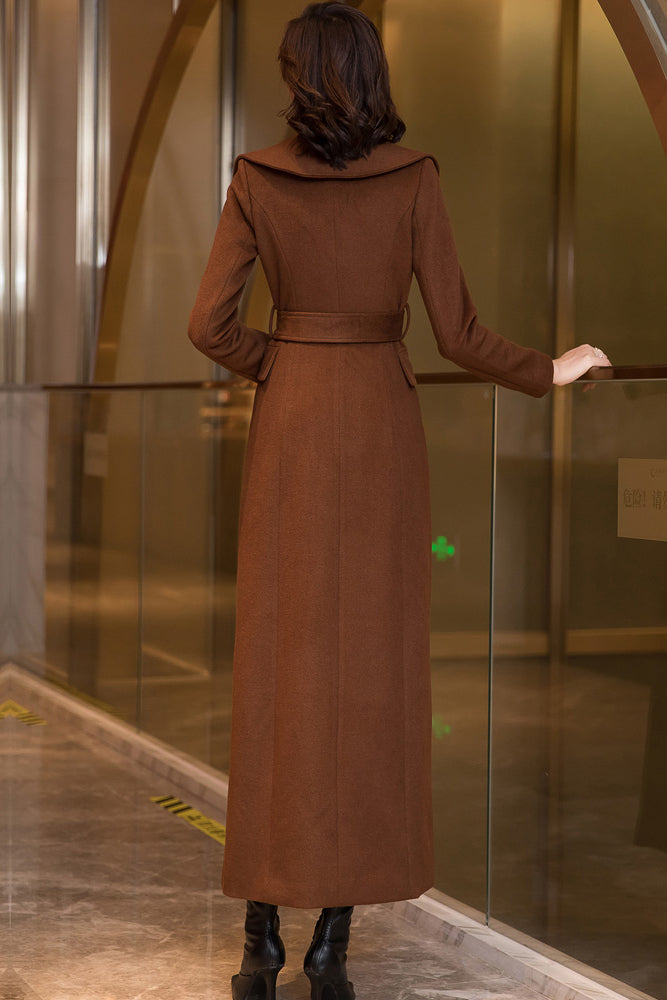 Brown Wool Coat – Handmade Long Double Breasted Belted Winter Overcoat for Women 3969