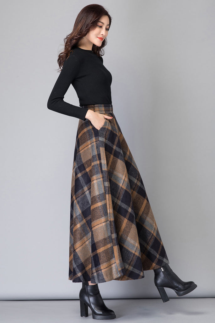 Brown Plaid Wool Maxi Skirt – High Waist A-Line – 3799