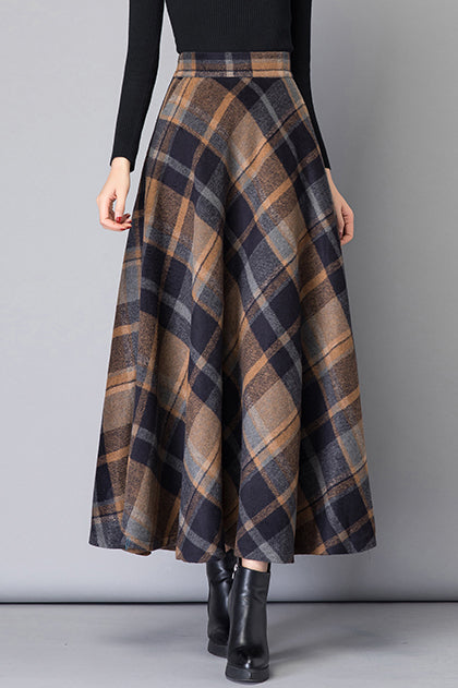 Brown Wool Maxi Skirt - High Waist A-Line Plaid 3799