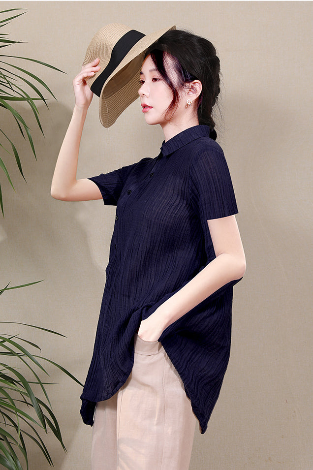 Dark Blue Women Summer Asymmetrical Shirt Linen Tops 3678