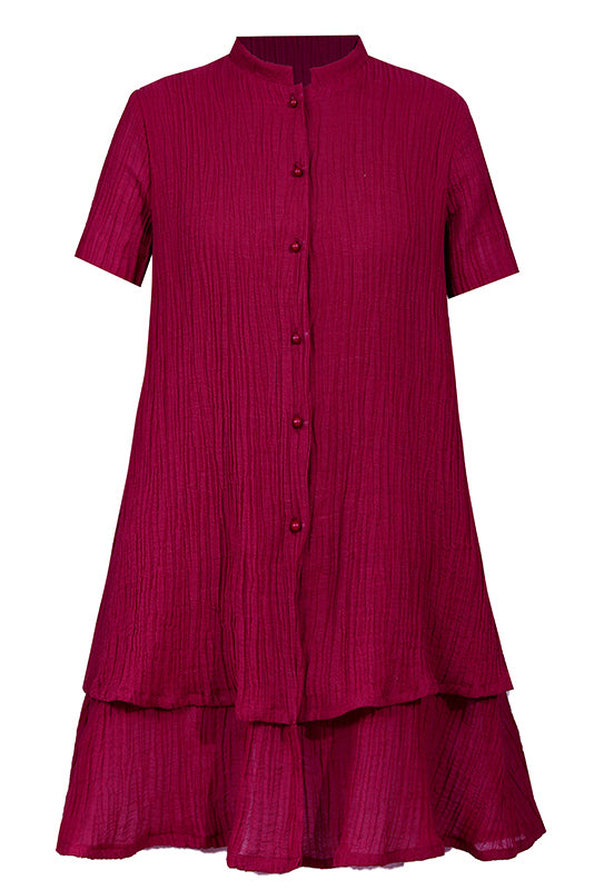 Women Wine Red Double-deck Short Sleeve Linen Shirt Tops 3679