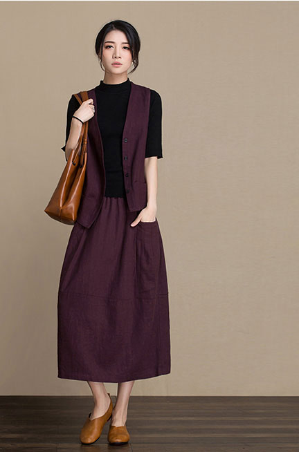 Navy Cotton and Linen Midi Skirt - Lantern Silhouette with Elastic Waist J084-2