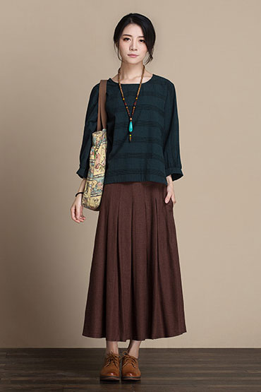 Navy Linen Maxi Skirt - Elastic Waist with Side Pockets J084-18