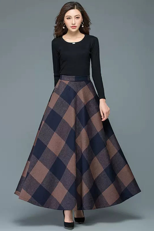 Plaid Wool Long Skirt - Full Flowy A-Line Silhouette 3947