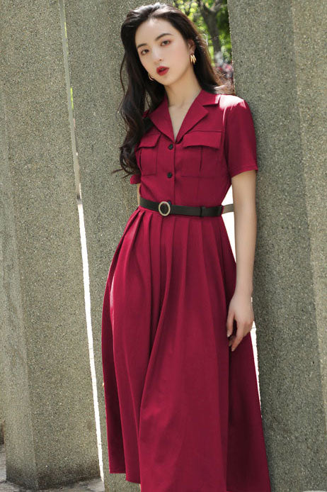 short sleeve pleated midi shirt dress 2821