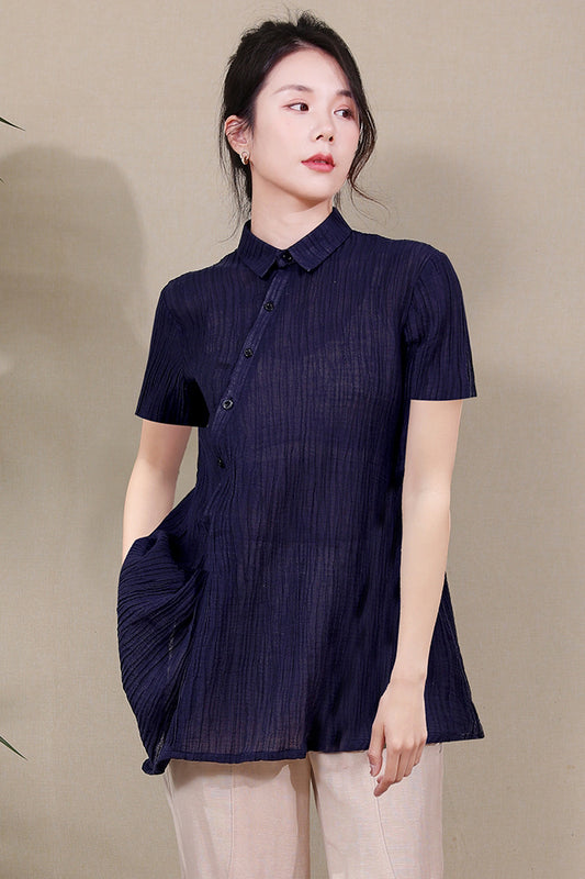 Dark Blue Women Summer Asymmetrical Shirt Linen Tops 3678