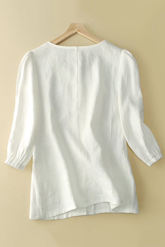 White Women Casual Spring Summer Linen Shirt Tops 3656