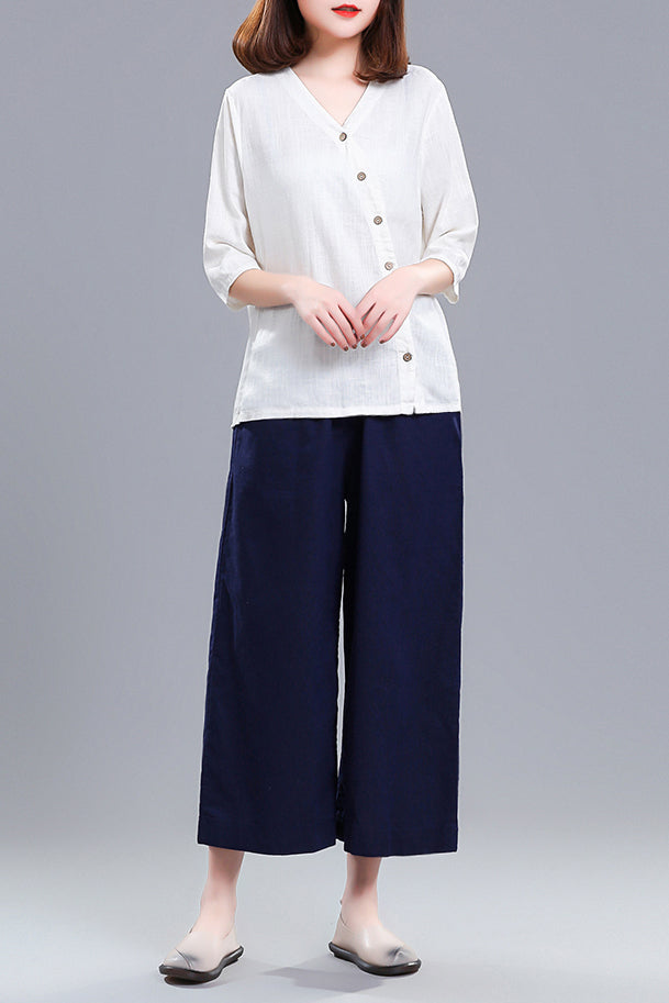 New Summer Vintage Inspired V-neck Linen Tops 3676