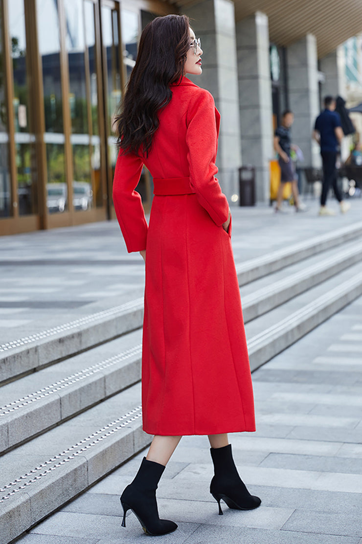 Red Wool Coat – Handmade Long Double Breasted Belted Winter Overcoat for Women 3975
