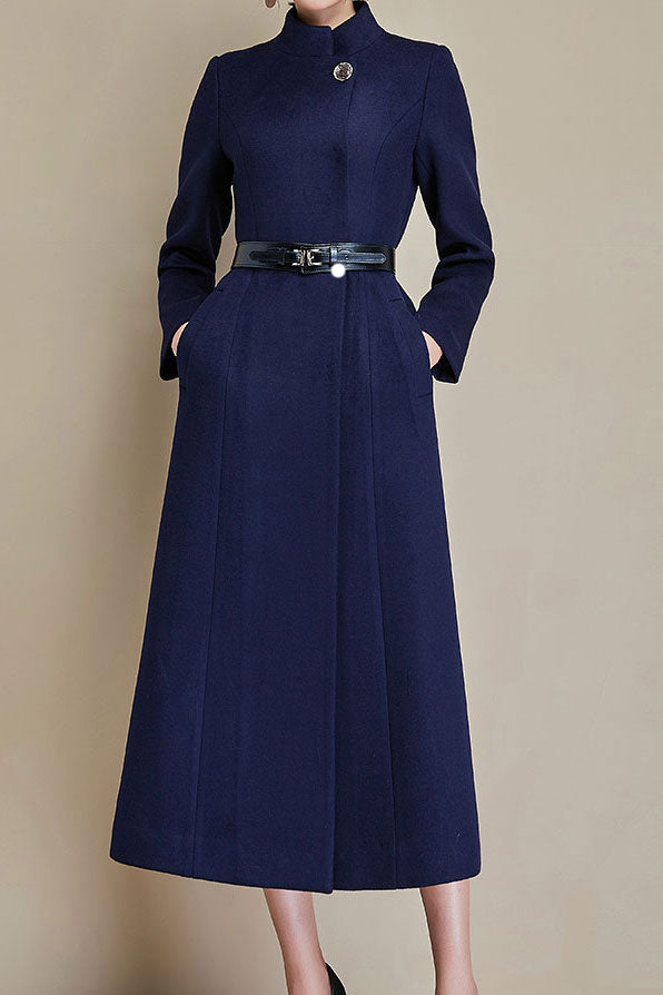 Black Wool Blend Long Coat - Stand Collar A-Line Silhouette 314801