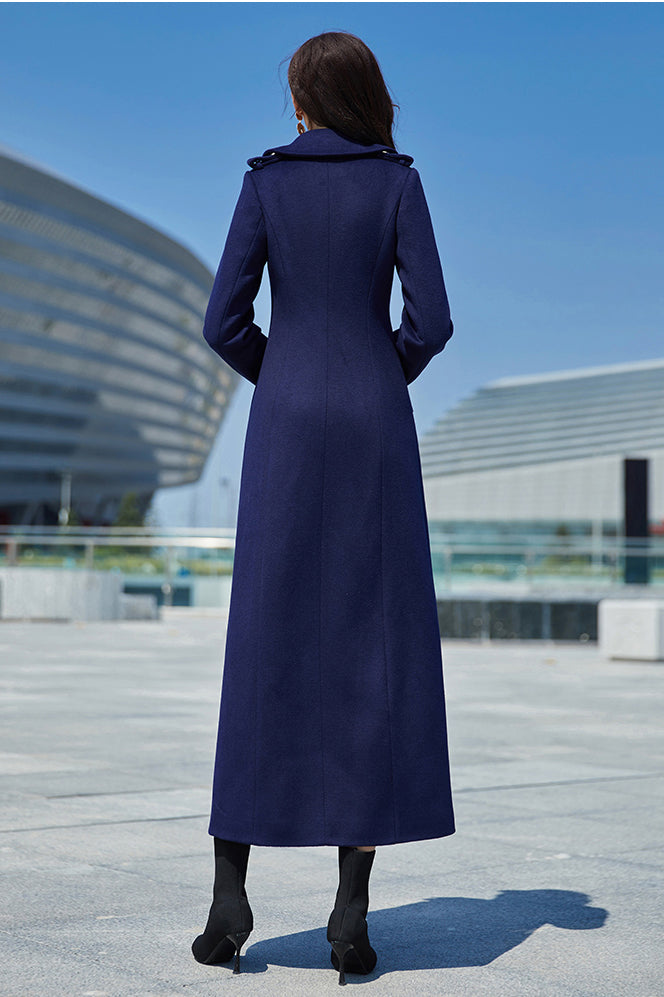 Navy Blue Wool Coat – Long Double Breasted Fit & Flare Winter Overcoat | Xiaolizi 3979