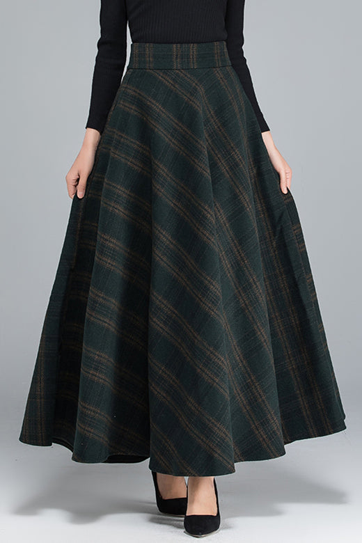 A-Line Plaid Maxi Wool Skirt 3932