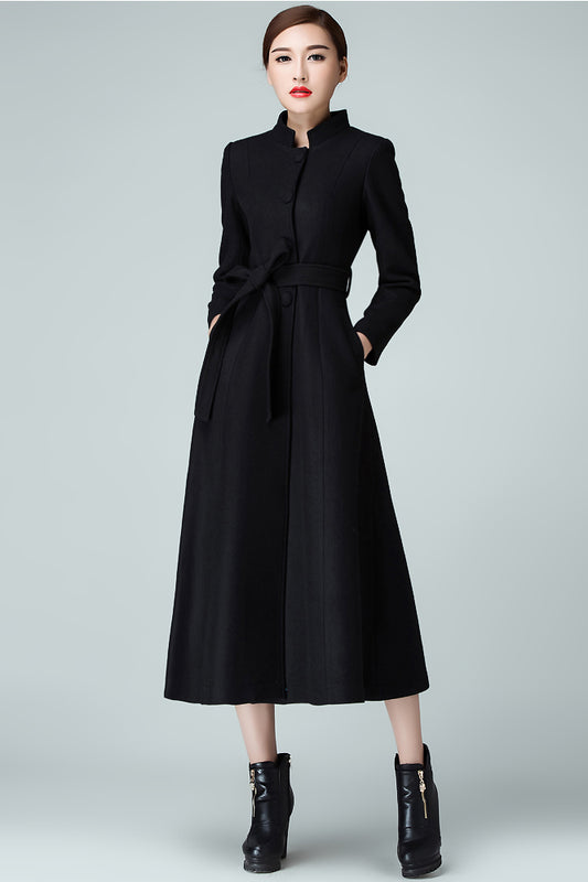 Handmade Burgundy Wool Coat – Elegant High Neck Belted Long Overcoat | Xiaolizi 3986