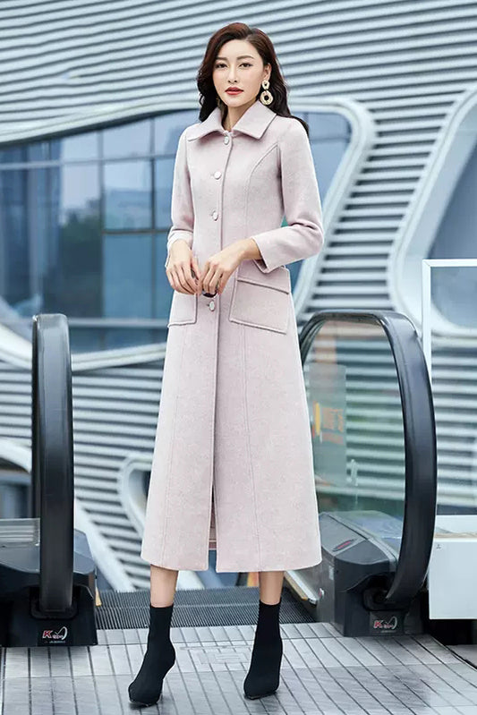 Light Pink Wool Coat – Handmade Long Slim Fit Winter Overcoat for Women 3977