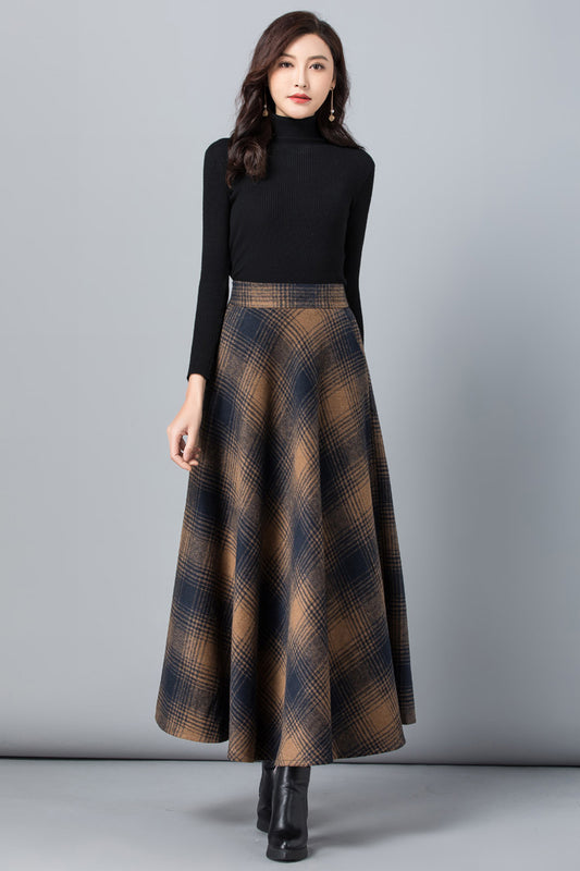 Brown Plaid Wool Maxi Skirt – Handmade Long Winter Skirt with Pockets | Xiaolizi 3801
