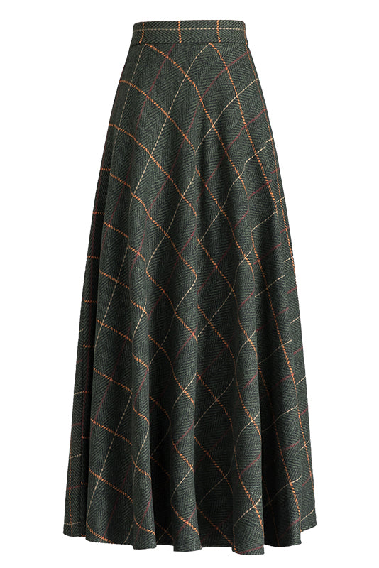 Green Plaid Wool Maxi Skirt – High Waist A-Line Winter Skirt for Women 3793