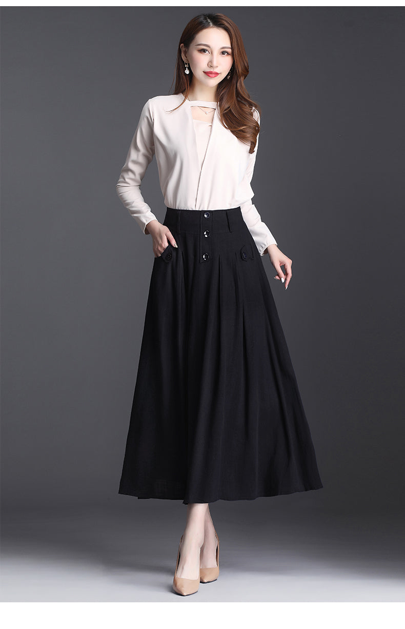 Navy Linen Blend Midi Skirt - Pleated High Waistband with Pockets 281902
