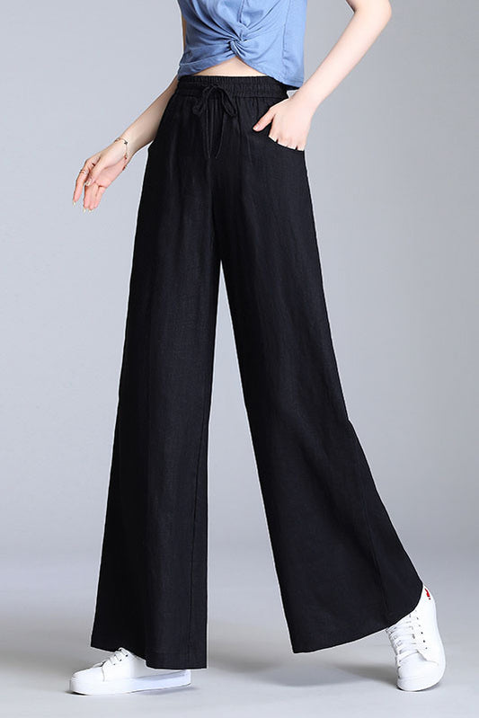Light Grey Linen Wide Leg Pants - Elastic Waist, Belted Detail 3525