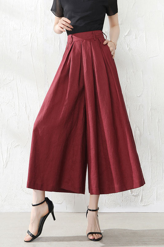 Women Cotton Linen Elastic Waist Wide Leg Baggy Pants Skirt