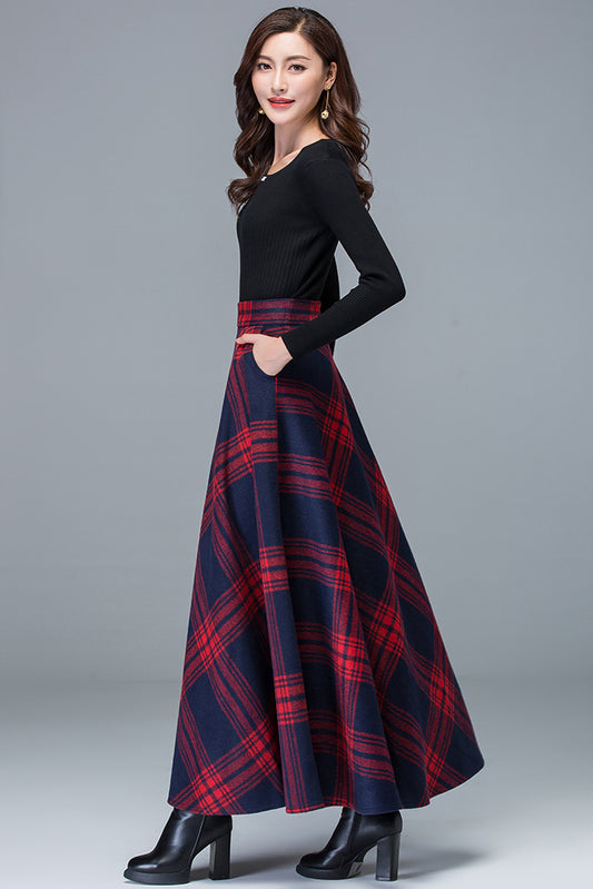 Women A-Line Plaid Wool Skirt 3919
