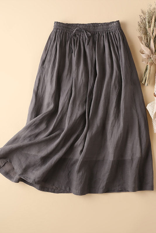 Women Elastic Waist Thin Simple A Line Linen Skirt 3593