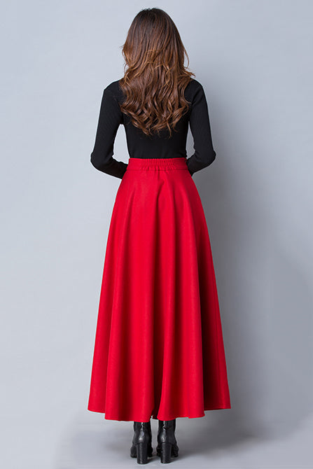 Red Wool A-Line Skirt - Ankle Length with Elastic Waist 3791