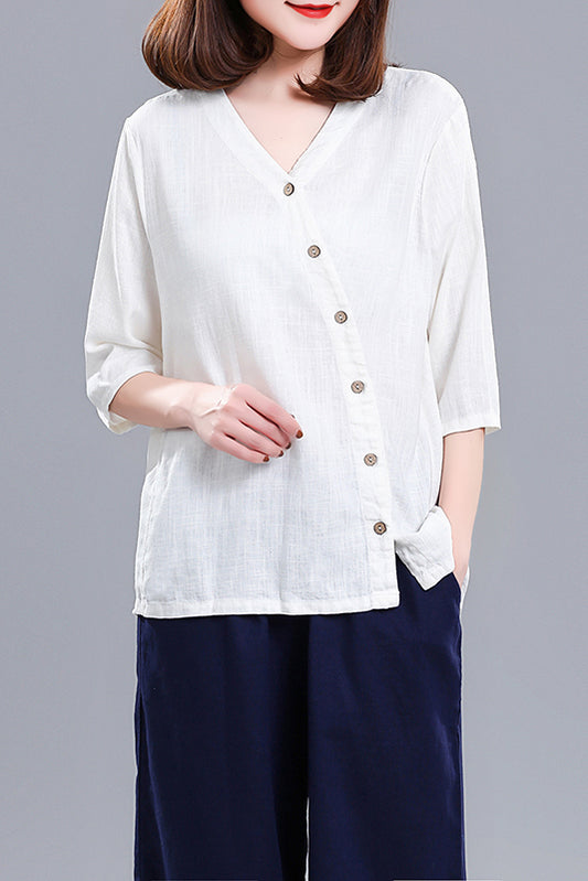 New Summer Vintage Inspired V-neck Linen Tops 3676