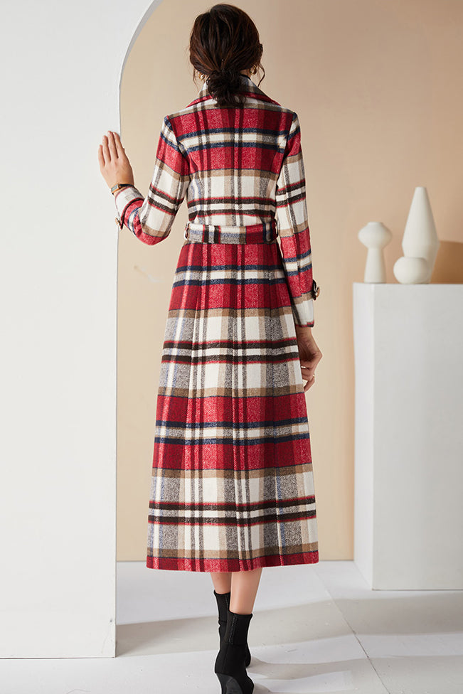Handmade Plaid Wool Coat – Vintage Red Check Double-Breasted Long Belted Overcoat | Xiaolizi 3990