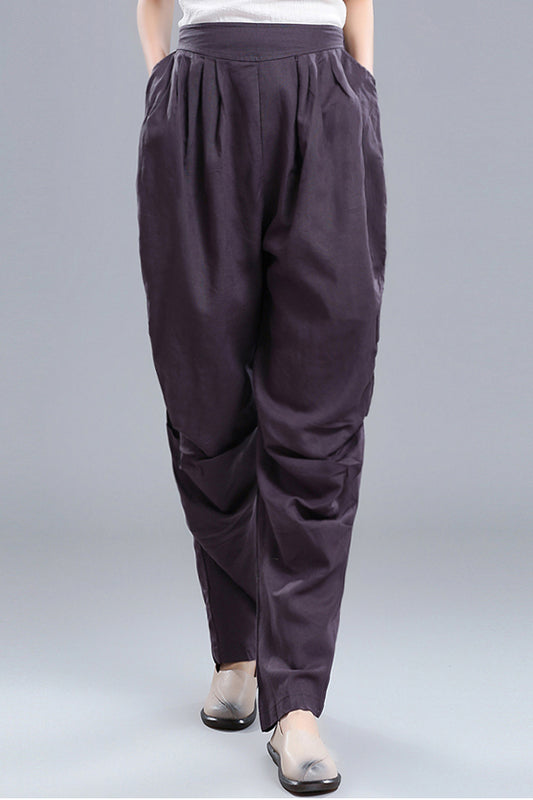 Black Linen Cotton Wide Leg Pants - Vintage Inspired Elastic Waist 3672