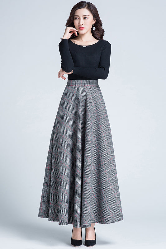 Plaid Wool Skirt - High Waist Ankle Length with Full Silhouette 3945