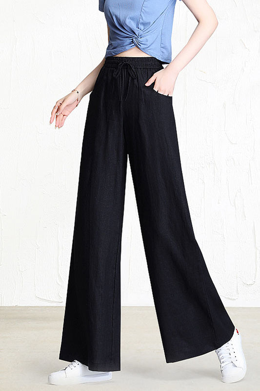 White Linen Wide Leg Pants - Elastic Waist with Front Pockets 3518