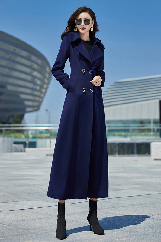 Navy Blue Wool Coat – Long Double Breasted Fit & Flare Winter Overcoat | Xiaolizi 3979