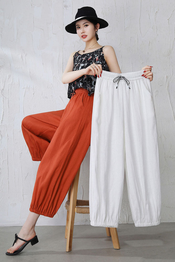 Brown Linen Wide Leg Pants - Elastic Waist and Casual Fit 3519