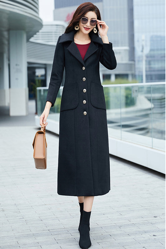 Black Wool Coat – Handmade Long Slim Fit Button Front Winter Overcoat for Women 3976
