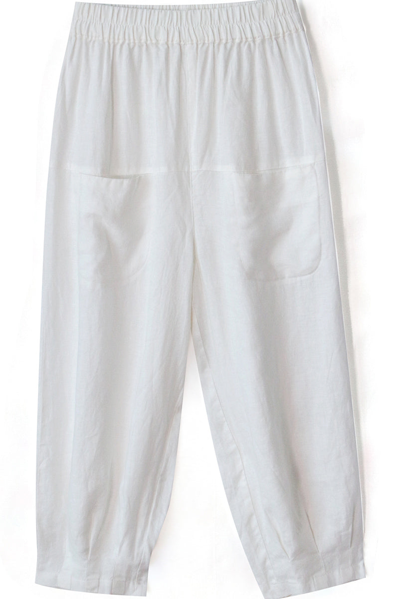 Brown Linen Wide Leg Cropped Pants - Elastic Waist, Front Pockets 3507
