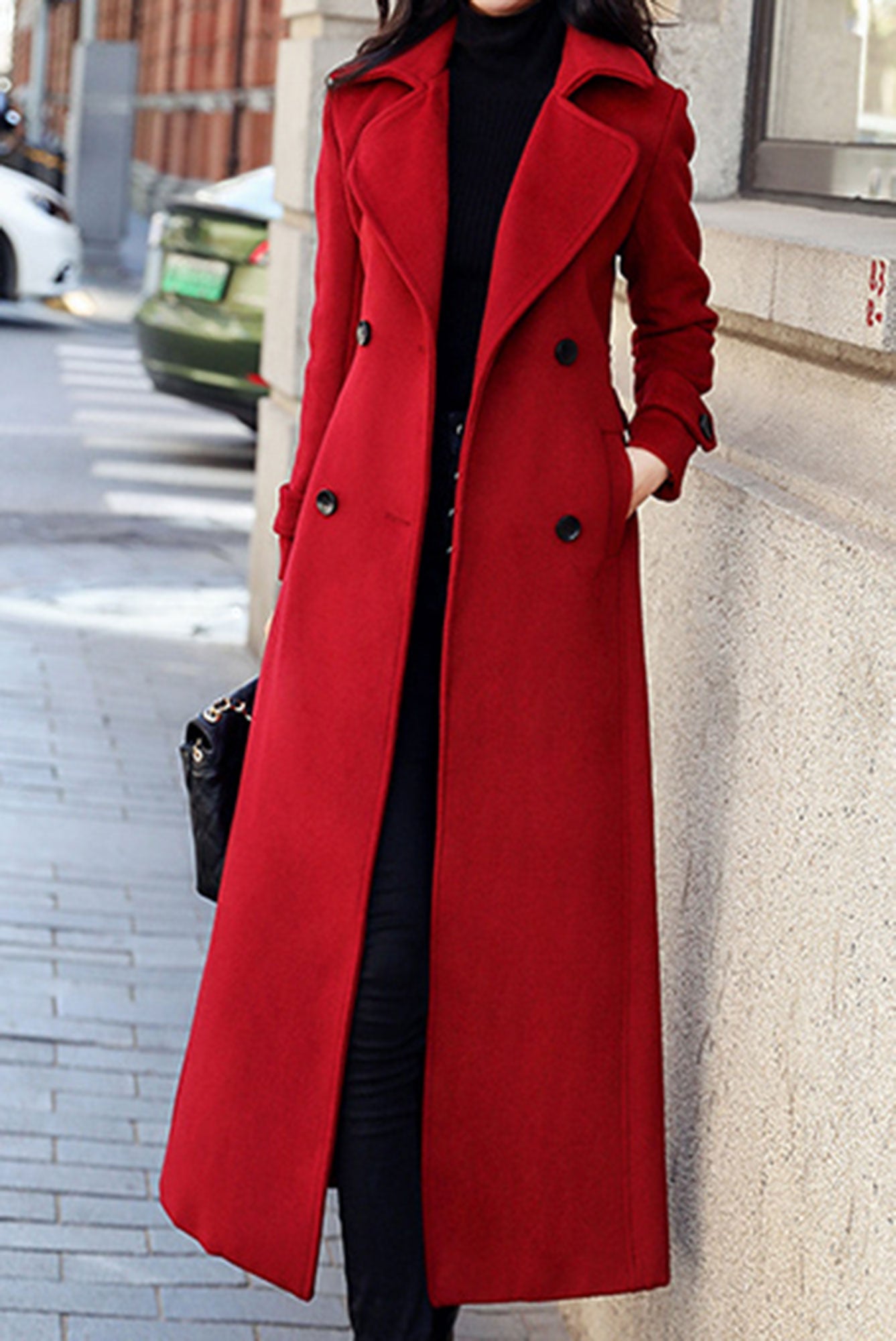 Red Wool Blend Long Coat - Double Breasted and Belted 3190