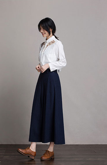 Burgundy Linen Maxi Skirt - A-Line High Waist J084-11