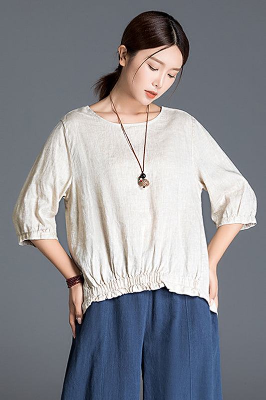 Women half sleeve linen top 3409
