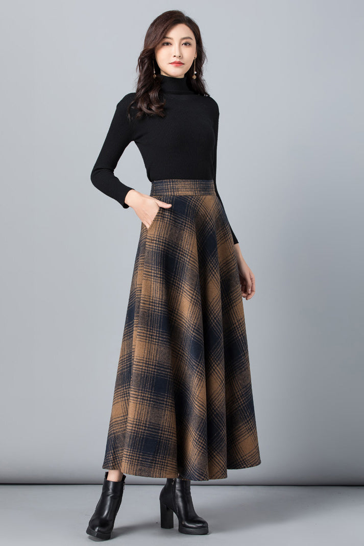 Brown Plaid Wool Maxi Skirt – Handmade Long Winter Skirt with Pockets | Xiaolizi 3801