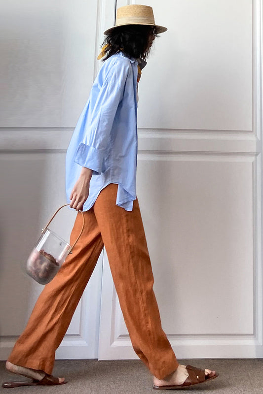 Rust Brown Linen Wide Leg Pants - Elastic Waist, Side Pockets 3506