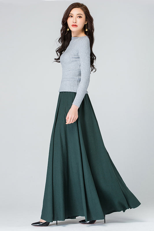 Emerald Green Linen Cotton Maxi Skirt - Pleated, Elastic Waist 4089