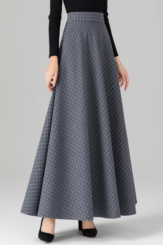 Grey Wool Maxi Skirt - Plaid Patterned, Elastic Waist 3937