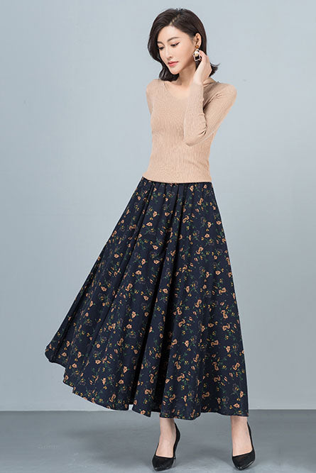 High Waist Floral Cotton Linen Skirt 4109