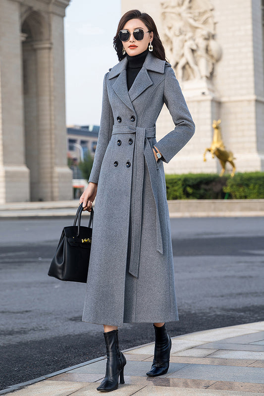 Handmade Gray Wool Coat – Elegant Double-Breasted Belted Long Overcoat | Xiaolizi 3982