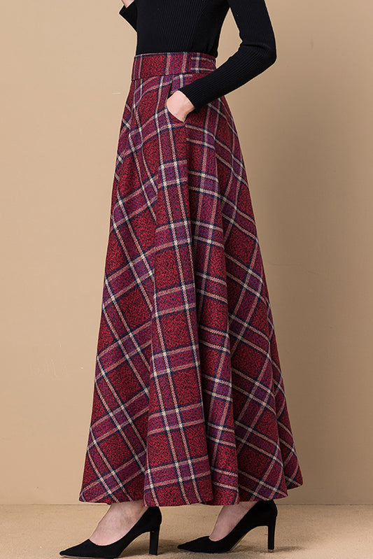 Red Plaid Women Swing Wool Skirt 3796