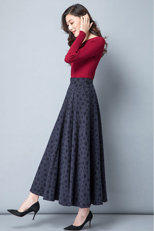 Long A-Line Polka Dot Linen Skirt 4117