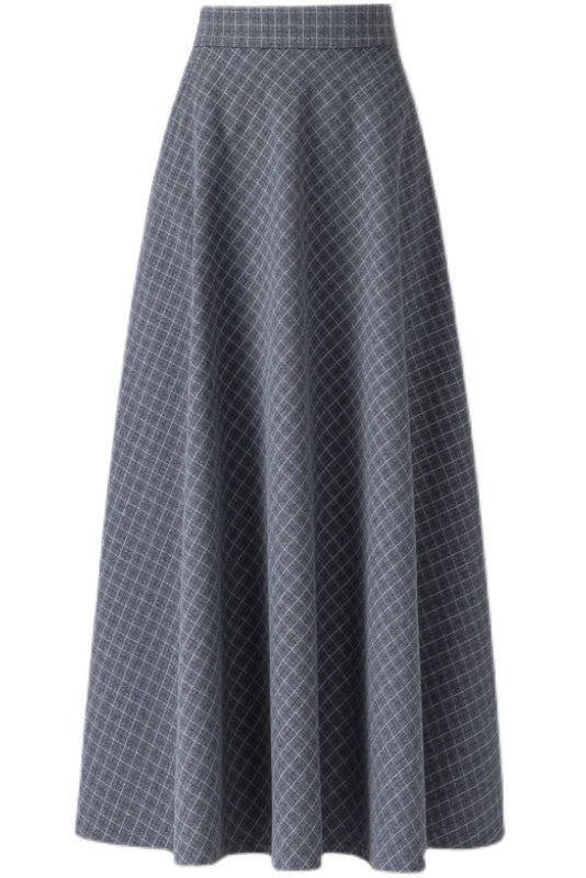 Grey Wool Maxi Skirt - Plaid Patterned, Elastic Waist 3937