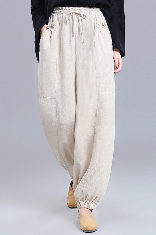 Black Linen Wide Leg Pants - Loose Fit Elastic Waist Bloomers 3669